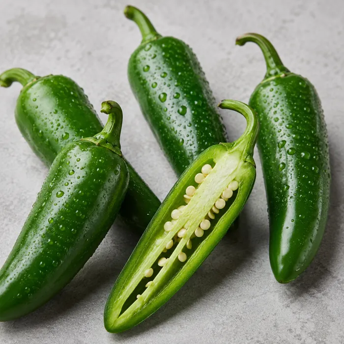 Fresh green serrano peppers, one sliced open