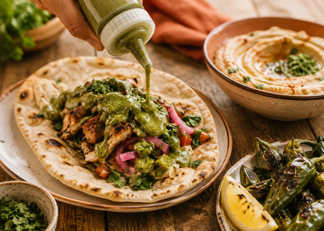 Hoogah Hot Green Heat sauce being drizzled over a shawarma wrap