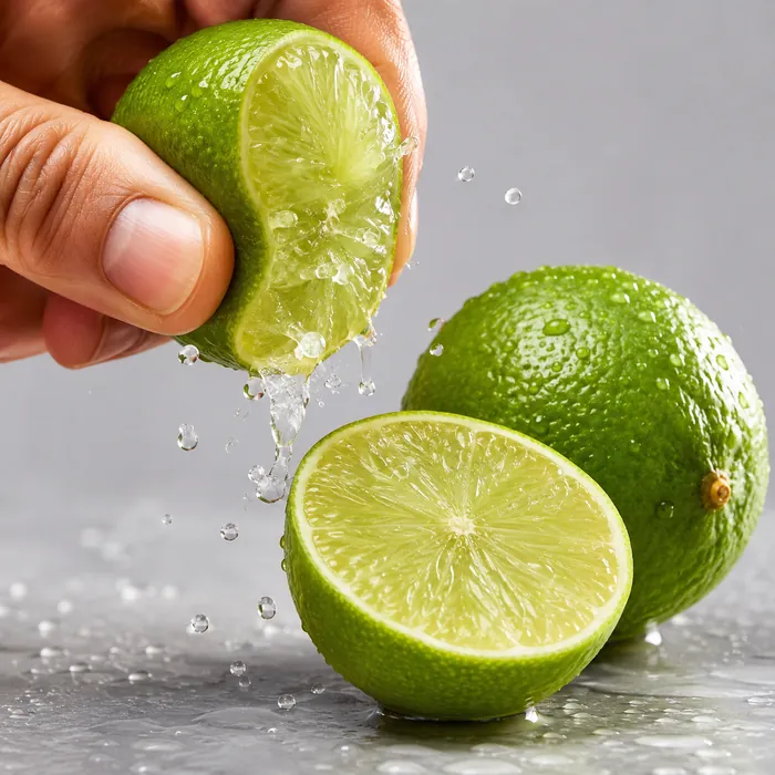 A hand squeezing fresh lime juice beside halved limes